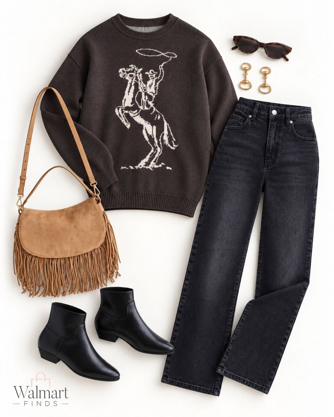 No Boundaries western cowboy graphic sweater in brown with black jeans, fringe bag and black ankle boots at Walmart