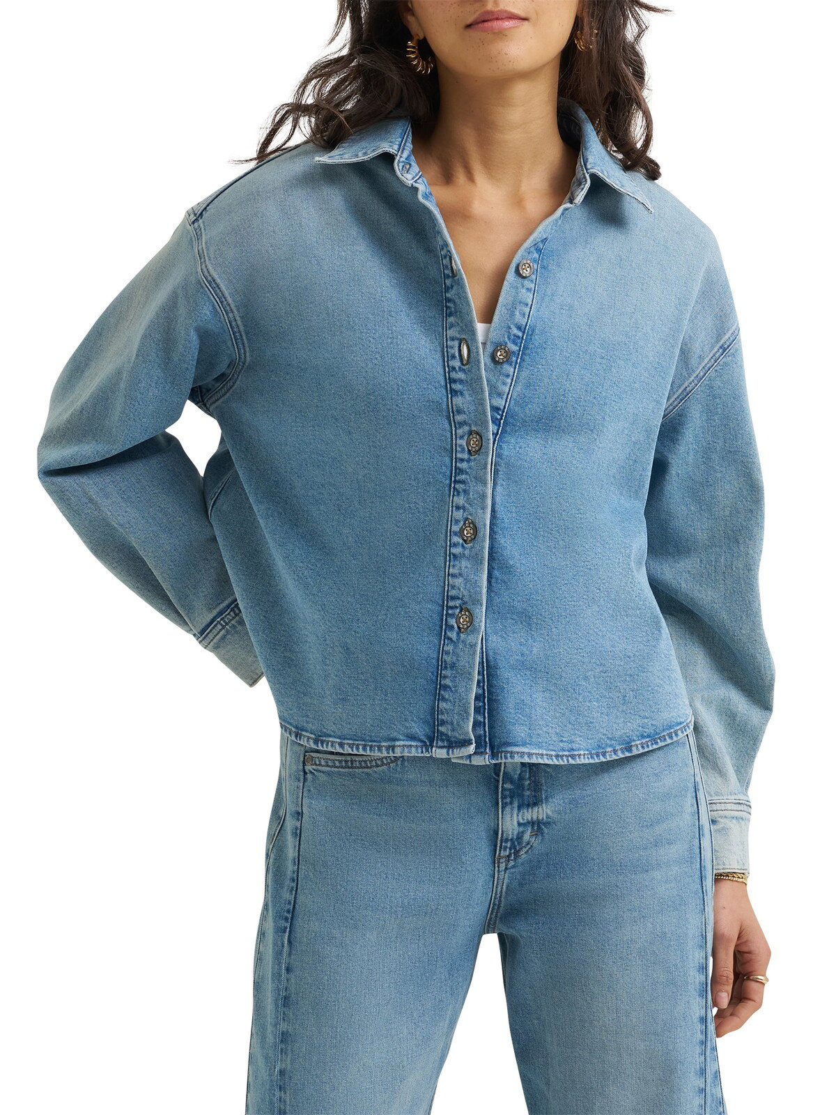 Lee oversized high low denim button up top in ghost fade at Walmart