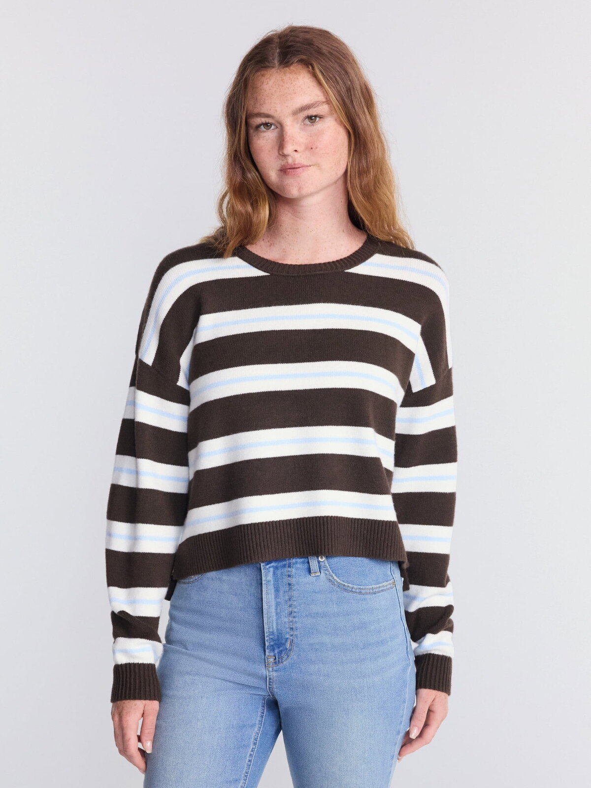 No Boundaries Essential Crewneck Sweater in Bitter Chocolate Stripe