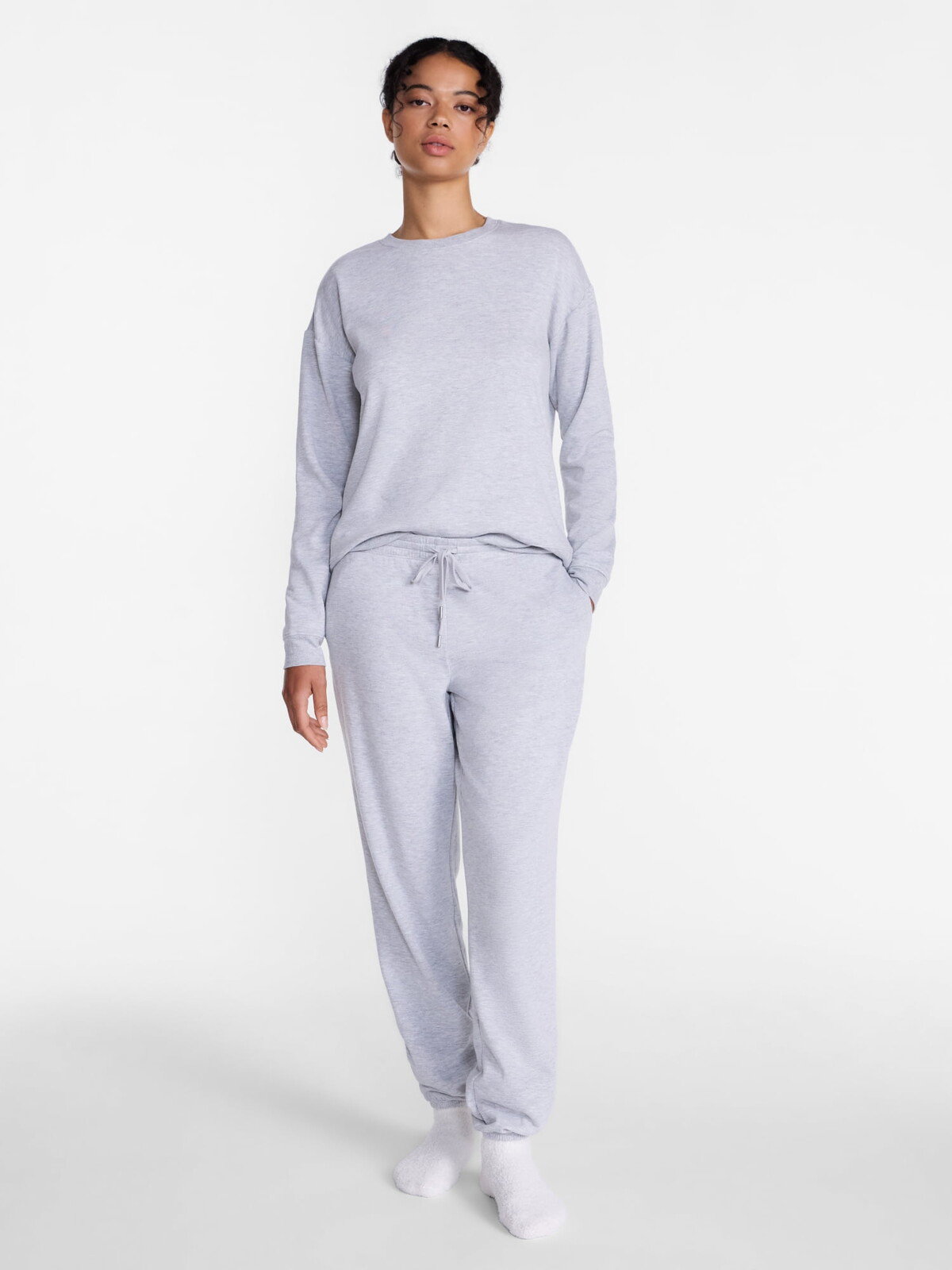 Joyspun Fleece Lounge Sleep Top and Joggers Pajama Set in Light Grey Heather