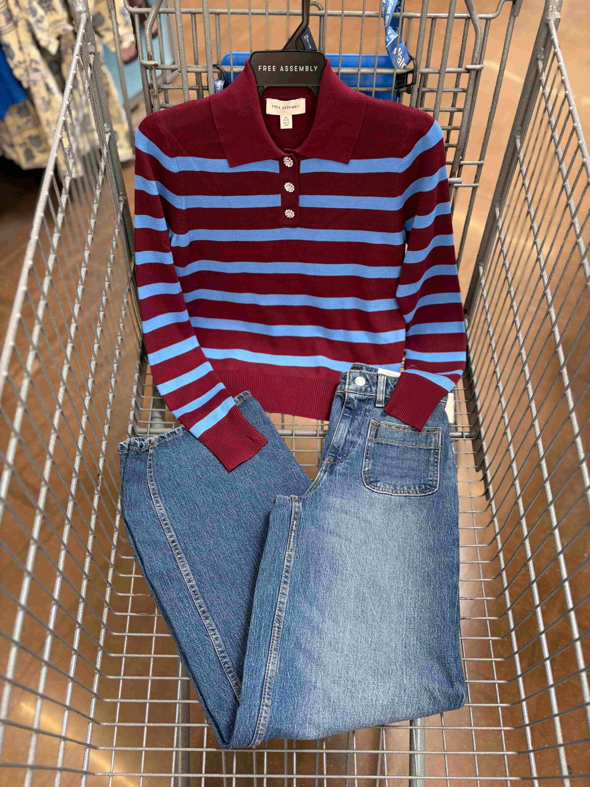 Free Assembly Polo Sweater and Patch Pocket Jeans outfit