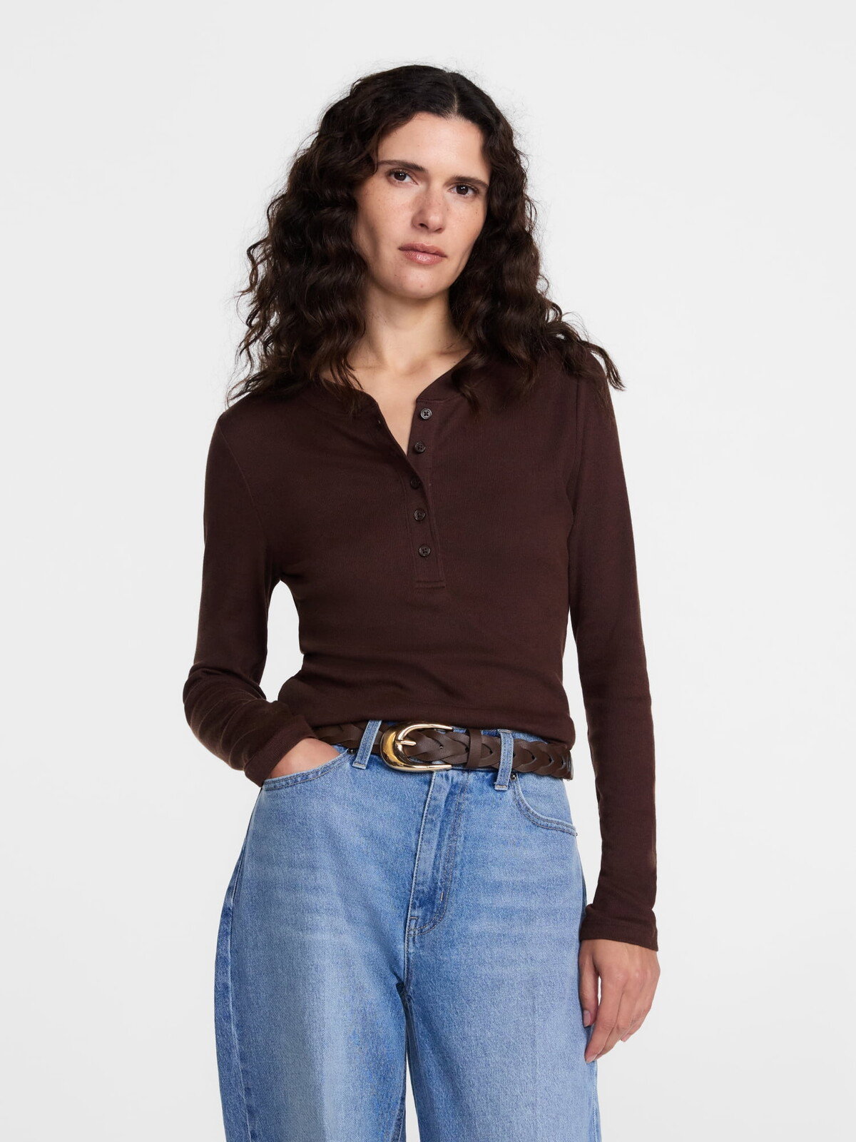 Scenario Rib Henley with Long Sleeves in Carob