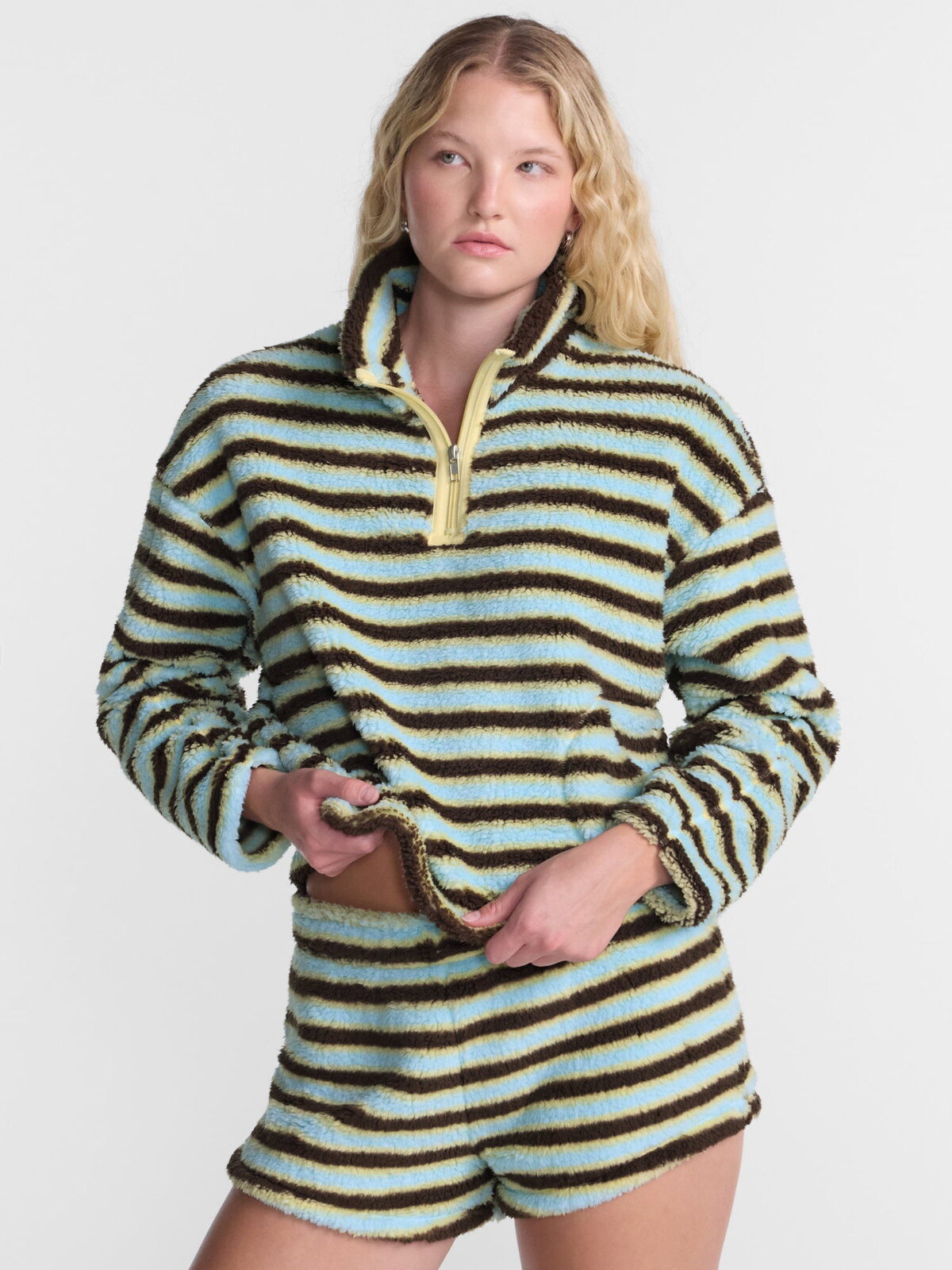 No Boundaries Faux Shearling Plush Pullover in Bitter Chocolate Stripe