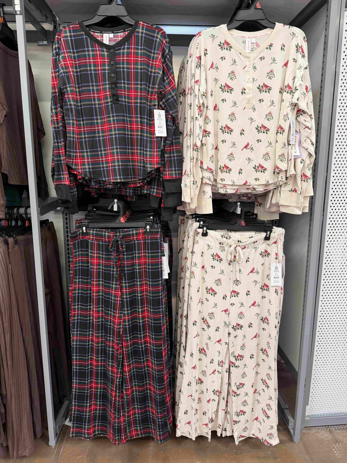 Joyspun hacci knit holiday pajama tops and sleep pants in red plaid and cream cardinal print at Walmart