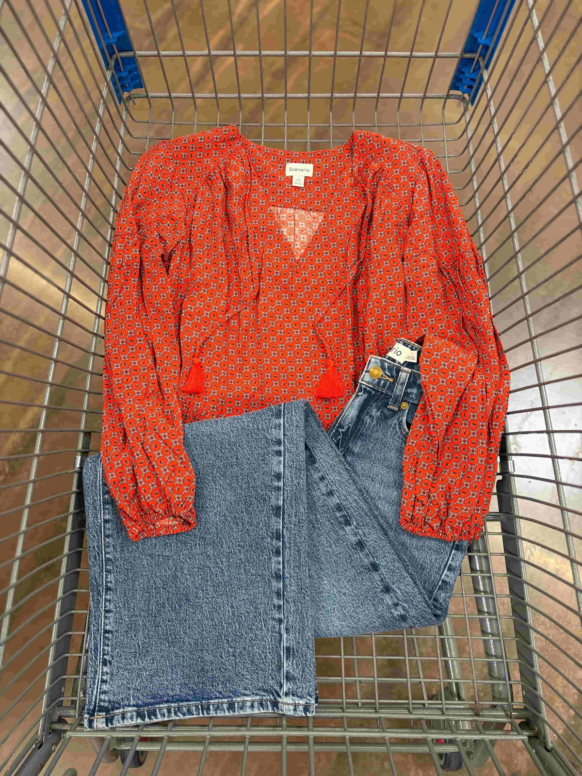 Scenario gathered yoke peplum blouse in red print with wide leg jeans at Walmart