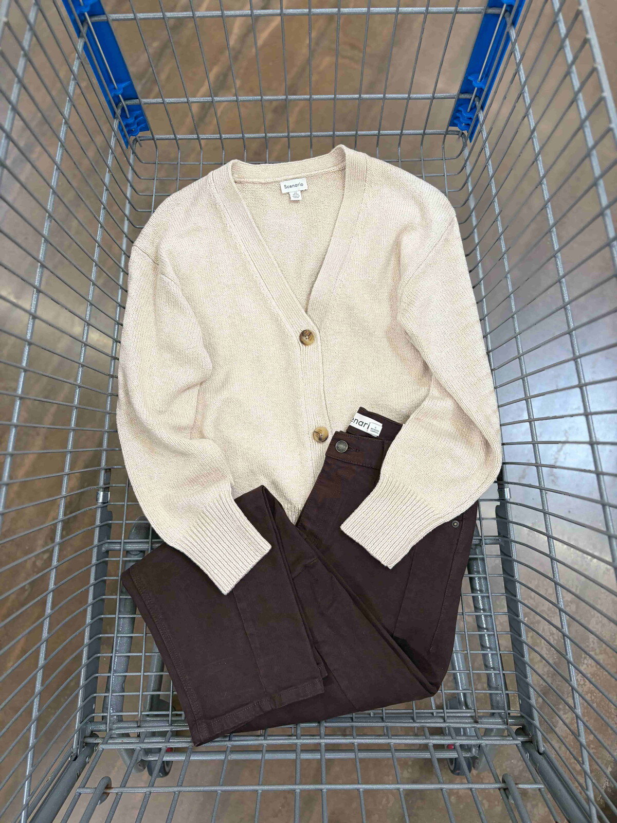 Scenario V-neck button front cardigan sweater with high rise barrel jeans at Walmart