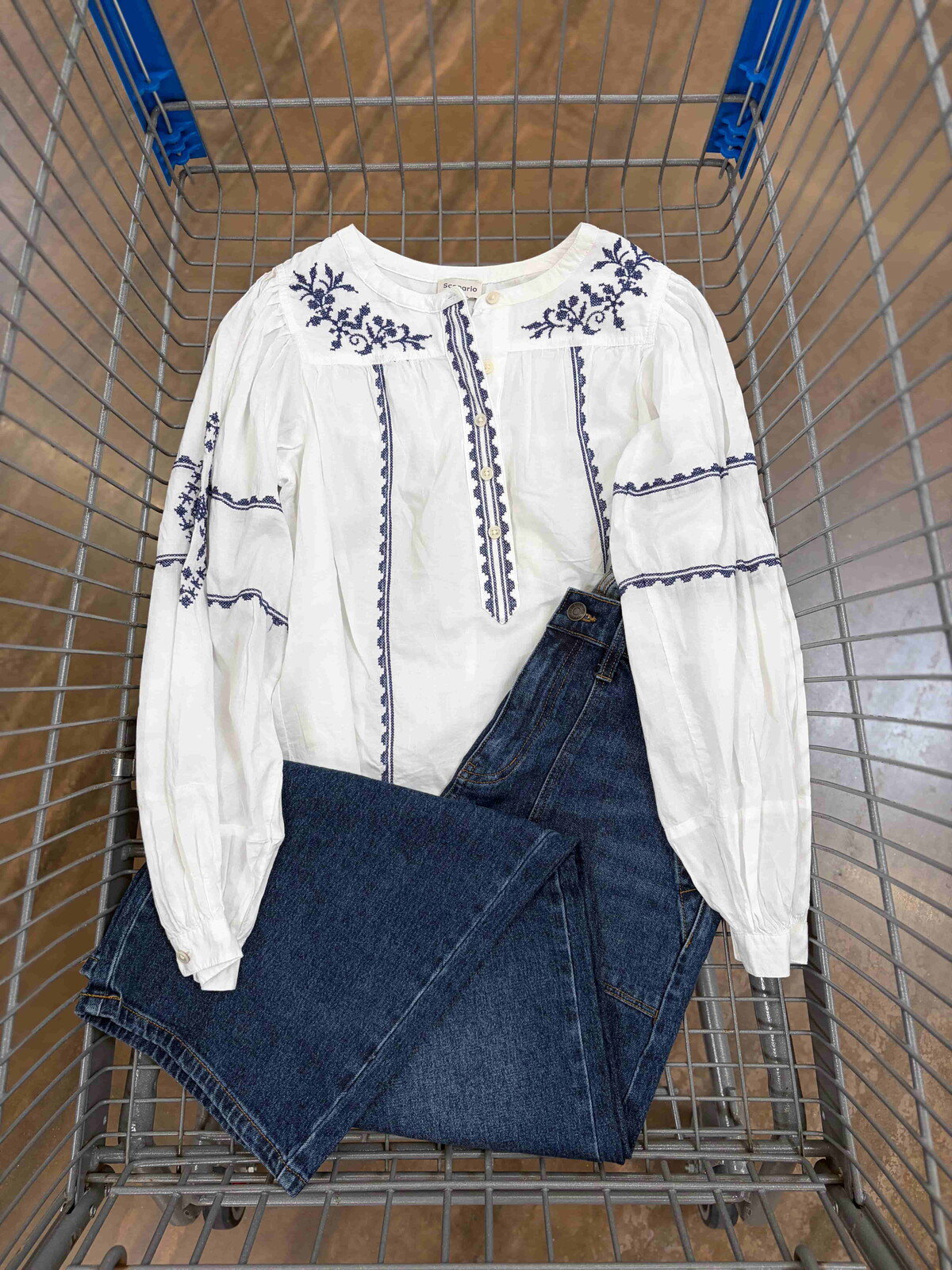 Scenario embroidered long sleeve peasant top with high rise utility jeans at Walmart