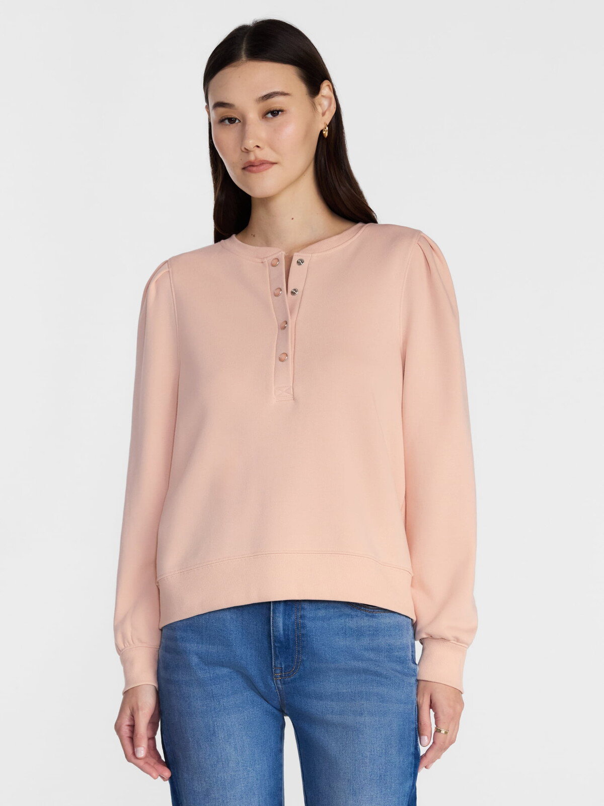 Scenario henley sweatshirt with puff shoulders in pale flamingo pink at Walmart
